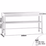 Mesa de trabajo de acero inox.  PREMIUM 2,0 m - con estante intermedio y travesaños bajos
