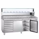 Commercial Pizza Prep Counter - Granite Top PREMIUM - 2000x800mm - with 2 doors & 7 drawers - incl. refrigerated topping unit with glass sneeze guard LED - 9x GN 1/3