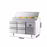 Saladette refrigerata professionale Compatta - 1468x600mm - 4 cassetti - per 8x GN 1/4 vaschette - incl. coperchio in acciaio inox