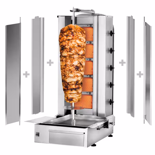 Gas Doner Kebab Grill (Shawarma/Gyros) - 5 Burner - up to 80kg - 16.25kW - incl. 2 splash guards & 2 double doors