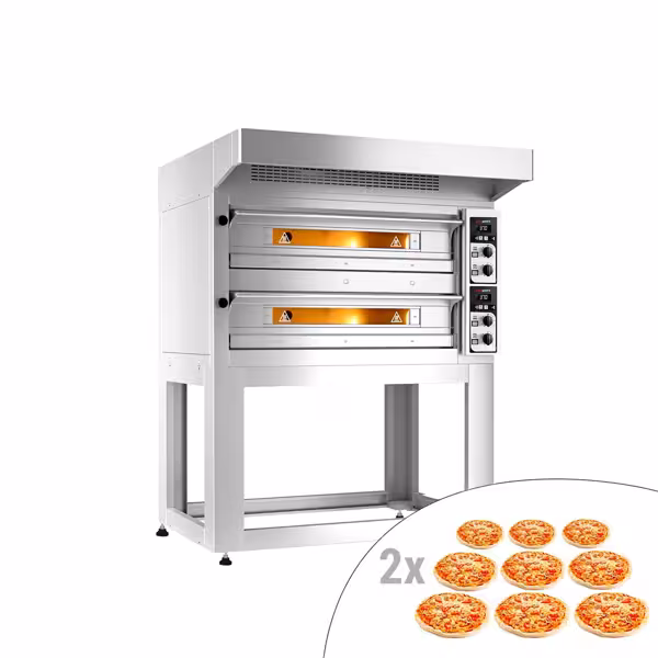 (2 uds) Horno para pizza eléctrico - 2 cámaras - piedra refractaria - 9+9x Ø33cm - 400V - Manual - incl. campana de acero inox & bastidor inferior