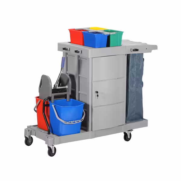 Carro de limpeza - com compartimento com fechadura - 1 prateleiras - sem prensa - 1 saco de roupa suja 100L - Cinzento