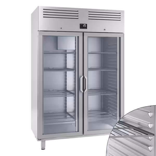 Koelkast RVS PREMIUM PLUS - GN 2/1 - 1385mm - 1240liter - tot +8°C - met 2 glasdeuren - geforceerde koeling, LED‑verlichting, automatische ontdooiing, slot & legroosters