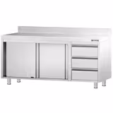 Tavolo armadiato in acciaio inox PREMIUM - 1800x700mm - con 2 porte scorrevoli + 3 cassetti a destra - con alzatina