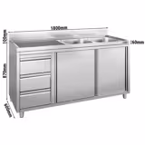 Lavello armadiato - 1800x600mm - con 3 cassetti e 2 vasche a destra
