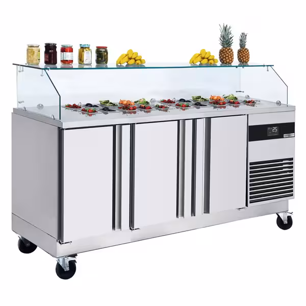 Saladette PREMIUM - 1865mm - 3 deuren - met rechte glazen opzetvitrine voor 8x GN 1/6