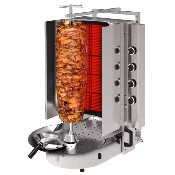 Gas Doner Kebab Grill (Shawarma/Gyros) - 8 Burner - up to 75kg - 16kW - Countertop - with ROBAX® glass - incl. skewer, clamp, meat plate, drip tray, kebab shovel & double doors