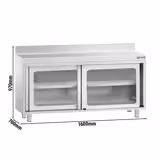 Tavolo armadiato in acciaio inox PREMIUM - 1600x700mm - con 2 porte scorrevoli - con alzatina