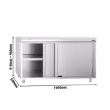 Table armoire en acier inoxydable PREMIUM - 1600x600mm - avec portes coulissantes - pour produits céréaliers et produits laitiers - incl. plateau de découpe Blanc PEHD (HACCP)