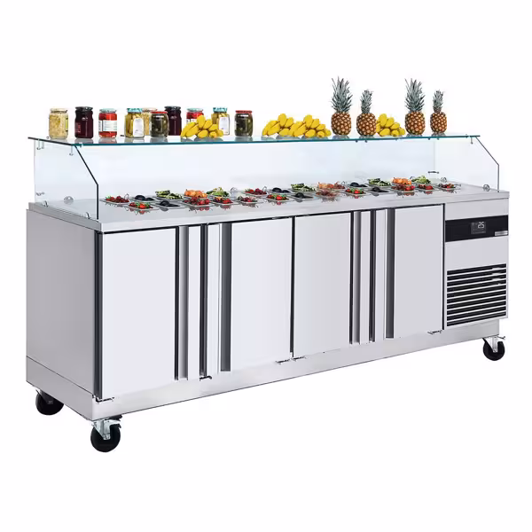 Saladette PREMIUM - 2330mm - 4 deuren - met rechte glazen opzetvitrine voor 10x GN 1/6