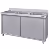 Dřezová skříňka ECO - nerezová ocel - 2000x600 mm - posuvné dveře - s odkapávací plochou vlevo - s 1 dřezem vpravo