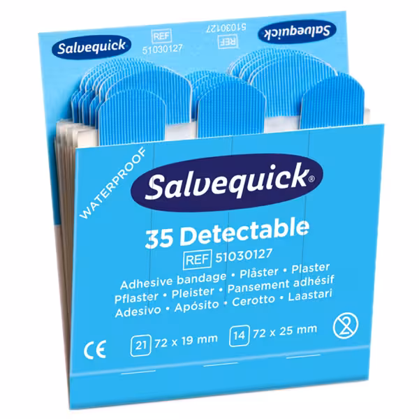 Salvequick® | Täyttöpakkaus Nachfülleinsätze - 6 x 15 laastarinauhaa ja sormenpäällysteitä, metallinilmaisimella havaittavat - 6 x 35 laastaria, metallinilmaisimella havaittavat 19 x 72 mm ja 25 x 72 mm