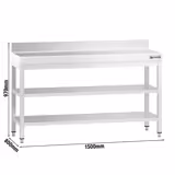 Stół roboczy przyścienny ze stali nierdzewnej PREMIUM - 1500x800mm - z dwiema półkami & wzmocniony