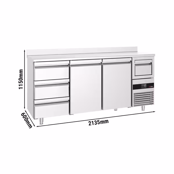 Mesa de refrigeración para bar - 2,13 m - con 2 puertas, 3 cajones 1/3, zócaloy aldabas para café