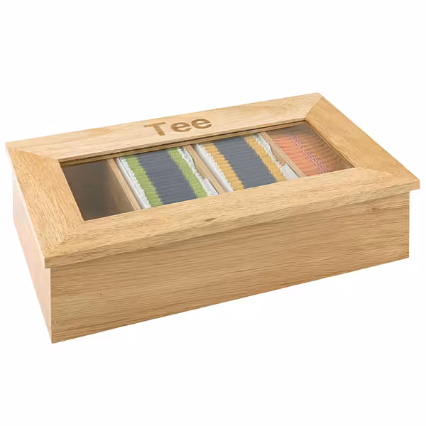 Theedoos - hout - 4 vakken - deksel met acrylvenster - [met gravure|zonder gravure] - bruin