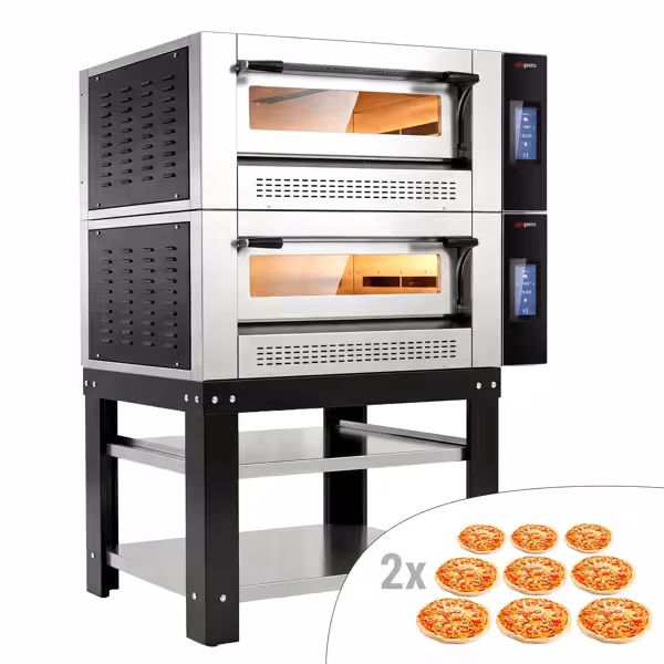 Four à pizza PROFESSIONNEL à gaz - Sole en pierre réfractaire - 2 x 9 pizzas Ø30cm - 230V - Commandes écran tactile - incl. Support