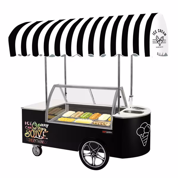 Chariot à glace – 2146 mm – avec évier et vitrine à glace ronde – pour 9 bacs à glace de 5 litres
