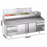Table réfrigérée à pizza Premium PLUS - 2305x800 mm - avec 2 portes & 3 tiroirs - incl. vitrine réfrigérée pour ingrédients - 11 bacs GN 1/4