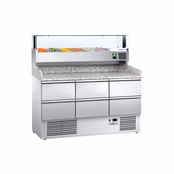 Pizzawerkbank ECO - 1400x700mm - met granieten werkblad - met 6 laden 1/2 - incl. glasvitrine LED - 6x GN 1/4