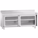 Gesloten RVS werktafel PREMIUM - 2000x600mm - met 2 glazen schuifdeuren - met achteropstand