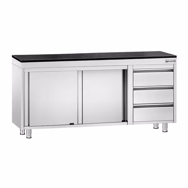 Roestvrijstalen werkkast PREMIUM - 1800 x 700 mm - met 3 lades rechts - incl. granieten werkblad