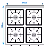 Cucina a gas professionale - Giuseppe 700 - 800x730x900mm - 32,0 kW - 4 fuochi - su armadio chiuso - incl. forno a gas