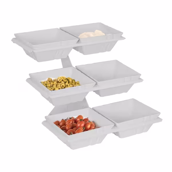 Buffetstandaard - wit gecoat RVS & melamine - rechthoekig - 3-laags - 6x 240x240mm - Hoogte: 415mm - incl. 6 melamineschaaltjes