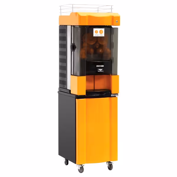 Automatische citruspers - 25 sinaasappelen/min - Ø60-75mm - 370W - met automatische fruittoevoer & selfservice-tapkraan - oranje - incl. onderstel
