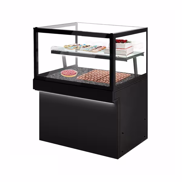 Broodvitrine (ongekoeld) TORONTO - 1300x800mm - 2 planken - dubbele beglazing - LED-verlichting - granieten werkblad (zwart)