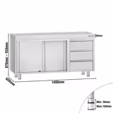 Szafka robocza ze stali nierdzewnej ECO - 1400x600mm - z drzwiami suwanymi, 3 szuflady po prawej stronie
