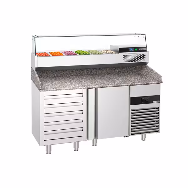 Table réfrigérée à pizza PREMIUM - 1550x800 mm - avec 1 porte & 5 tiroirs - incl. vitrine réfrigérée - 6x GN 1/3