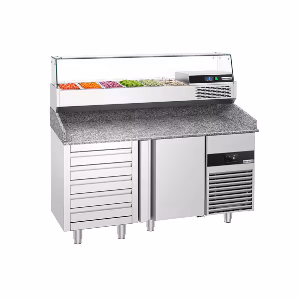 Stół chłodniczy do pizzy PREMIUM - 1550x800mm - z blatem granitowym - 1‑drzwiowy, 5 szuflad - z nadstawką chłodniczą z osłoną szklaną - 6x GN 1/3