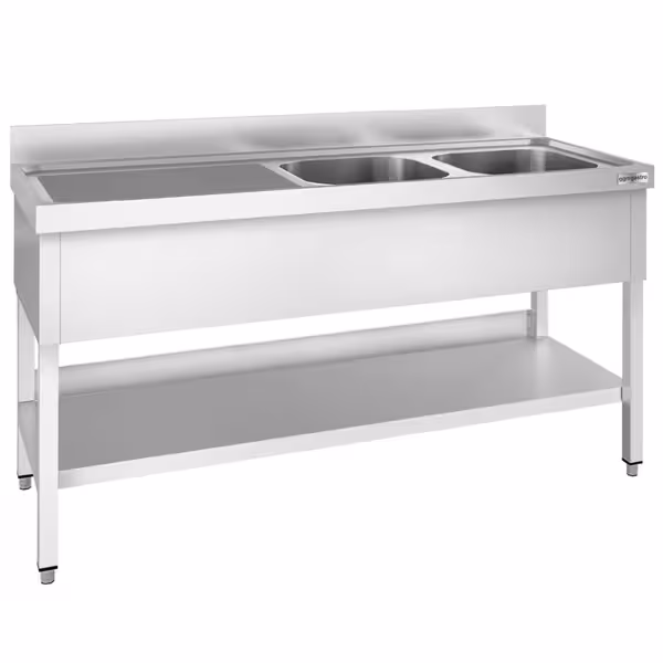 Stainless Steel Commercial Sink Unit PREMIUM - 2000x600mm - with Double Bowl Right-hand - with Undershelf - with Upstand