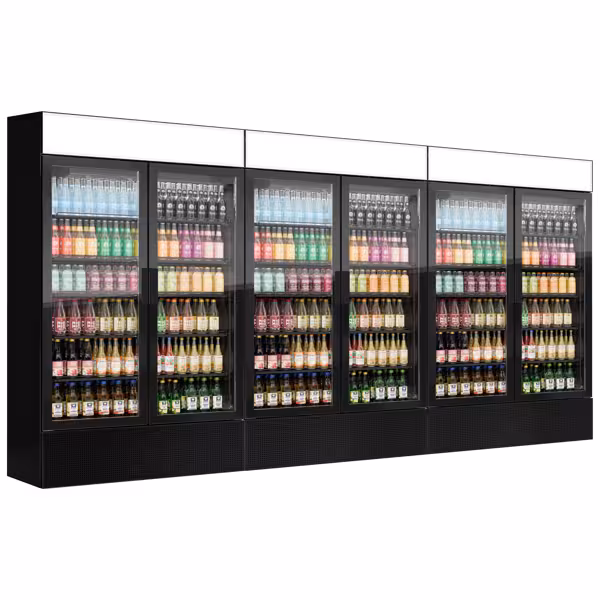 (3 unid) Frigorífico expositor de bebidas - 1200mm - 3600L - design sem moldura - com 6 portas de batente em vidro & painel publicitário iluminado - Preto