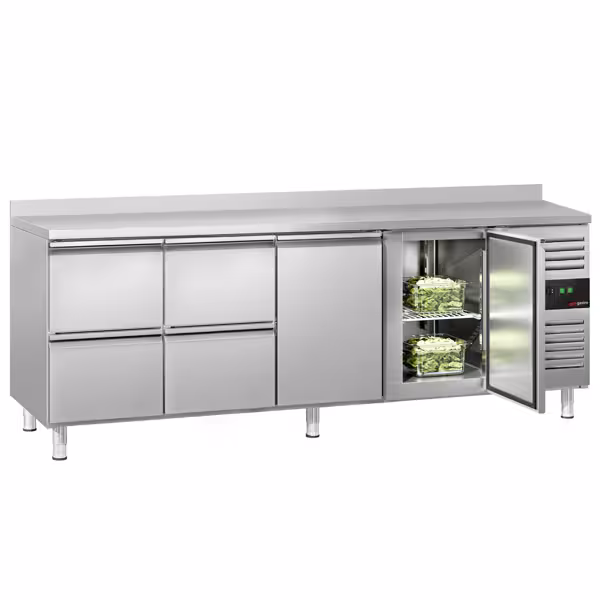 Hűtött munkaasztal ECO - 2230x700 mm - GN 1/1 - 533 liter - ventilációs - 2 ajtóval - 4 fiókkal - felhajtással