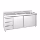 Lavello armadiato PREMIUM - in acciaio inox - 1800x600mm - 3 cassetti - 2 vasche a destra