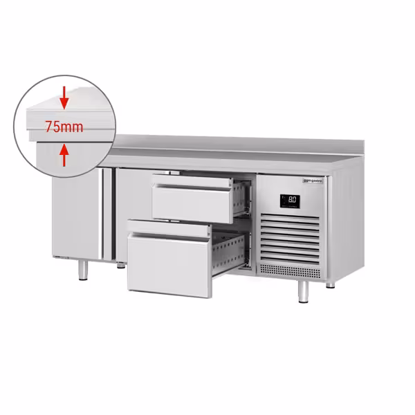 Tavolo refrigerato PREMIUM PLUS - 1960x600mm - Ventilata - 385 L - con 2 porte battenti - con 2 cassetti - Alzatina