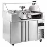 Comptoir de préparation réfrigéré professionnelle - 1210x700mm - avec 2 Portes - Vitrine réfrigérée 9x GN 1/6 - incl. Gril de contact numérique & Machine à hamburger