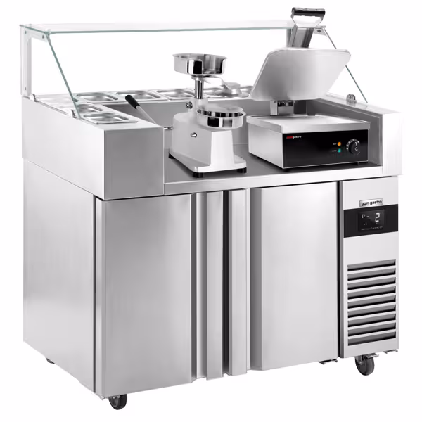 Saladette refrigerada - 1210x700mm - com 2 portas - com para 9x GN 1/6 - incl. Grelha de contacto & Máquina do Hamburguer manual