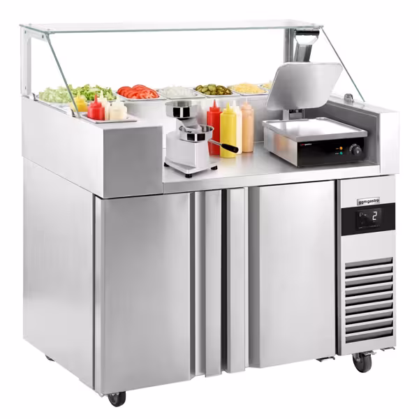 Mesa saladette de preparación Compacta - 1210x700mm - con 2 puertas - para 9x GN 1/6 - incl. parrilla digital de contacto & máquina para hamburguesas