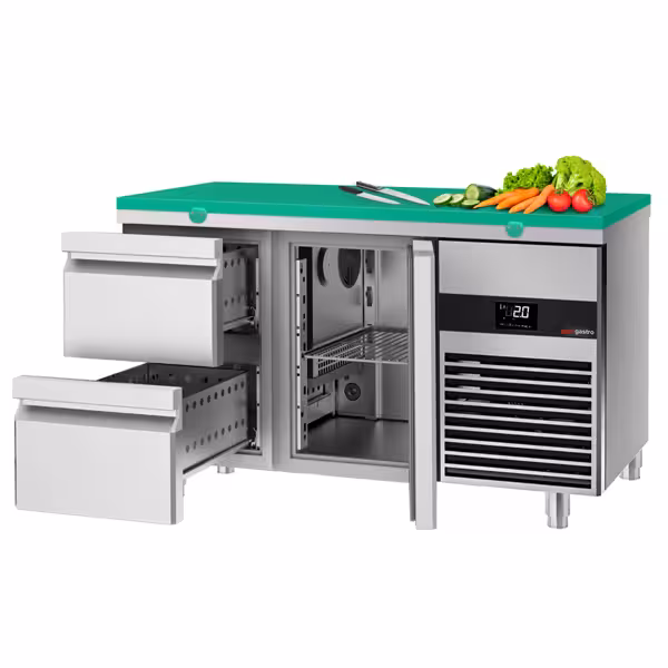 Stół chłodniczy PREMIUM - 1400x700mm - 281L - Zielony - z 1 drzwiami - z 2 szufladami - na rynek PL - w tym deska do krojenia Zielony