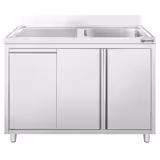 Fregadero industrial con mueble de acero inoxidable - 1200x600mm - con papelera y 1 seno derecho - puertas batientes - con escurridor izquierda - con estante inferior - con peto trasero