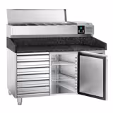 Banco pizza refrigerato PREMIUM - 1500x800mm - con 1 porta & 7 cassetti - piano in granito - con vetrina ingredienti refrigerata superiore - 6x GN 1/3