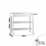 Mesa de trabalho em aço inoxidável PREMIUM - 700x600mm - com prateleira inferior & com prateleira intermédia & com travessas de reforço