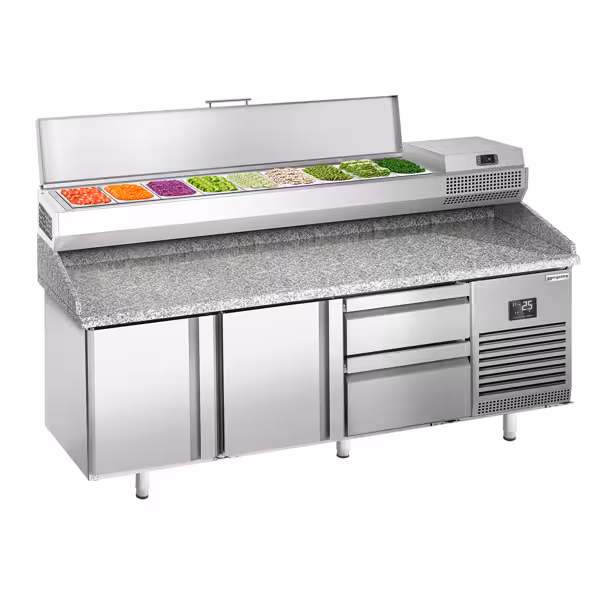 Pizzakylbänk Premium PLUS - 1980x700 mm - 2 dörrar och 2 lådor - inkl. kylränna - 9x GN 1/4