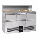 Saladette réfrigérée PREMIUM - 1368mm - 402L - 6 tiroirs - avec découpe pour 8x GN 1/6 & Couvercle inox - plan de travail en granit noir