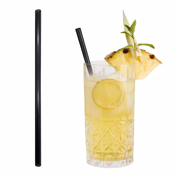 (50 pcs) Glass Drinking Straws - 230mm - ø 8mm - straight - Transparent Black - incl. 1 Nylon cleaning brush
