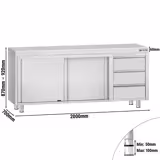 Szafka robocza ze stali nierdzewnej ECO - 2000x700mm - z drzwiami suwanymi, 3 szuflady po prawej stronie