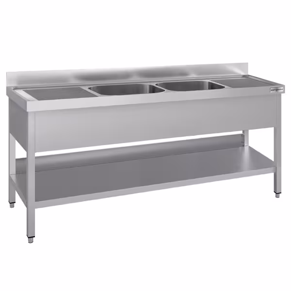 Spoeltafel ECO - 2000x600mm - met bodemschap & 2 spoelbakken in het midden