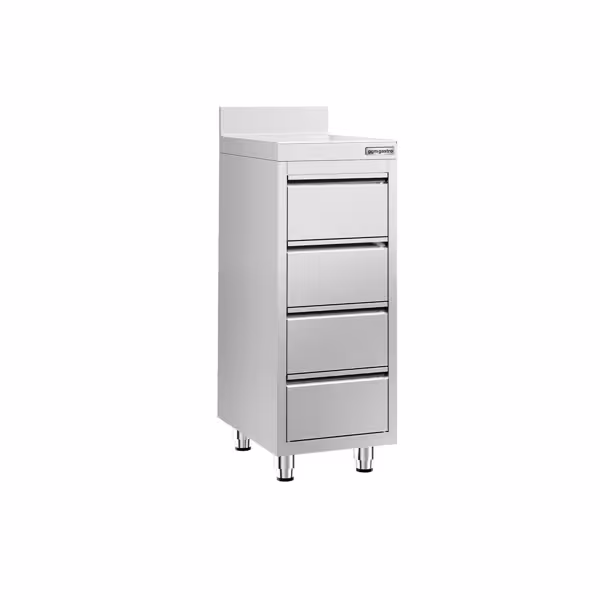 Arbetsbänk PREMIUM - rostfritt stål AISI 430 - med 4 draglådor & uppvikt bakkant - 400x600 mm